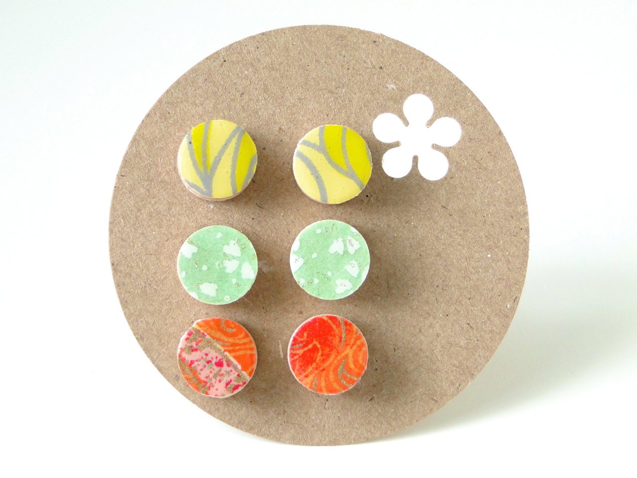 Citrus Stud Earrings, Yellow Stud Earrings, Mint Stud Earrings, Orange Stud Earrings, Set of 3, Japanese Chioygami and Wood,  gift under 25