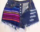 Vintage Levis High Waist Denim Shorts Striped Mexican  Woven Fabric with Studs  Waist 26  inch