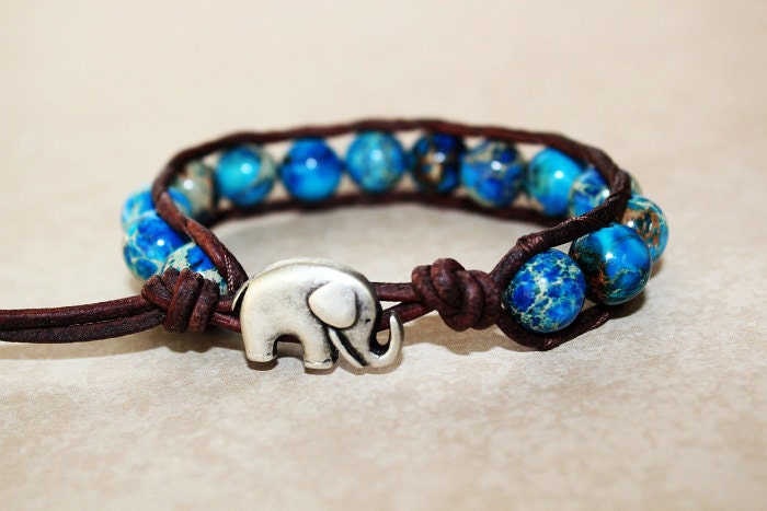 Elephant Bracelet, Leather Beaded Wrap Bracelet 1x, Elephant Jewelry, Aqua Jasper Gemstone Beads, Lucky Jewelry