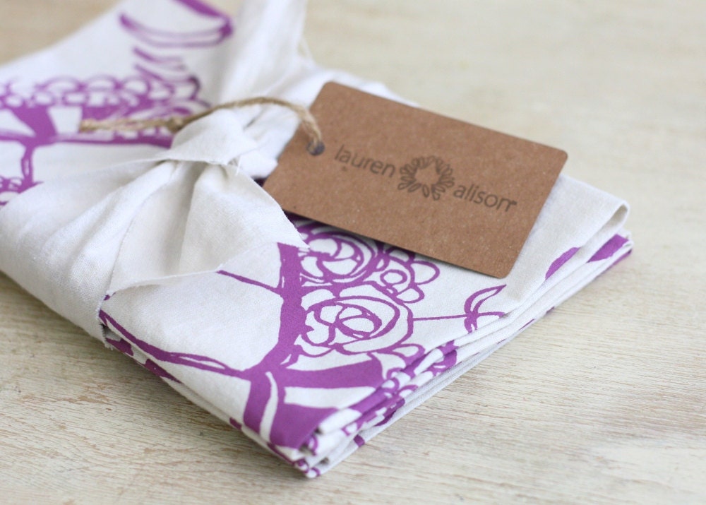 Dish Towel Tea Kitchen Pumpkin Blossom Flower Purple Fig Fall Cloth Linen Screen Print Hand-Printed Hostess Gift Single Towel