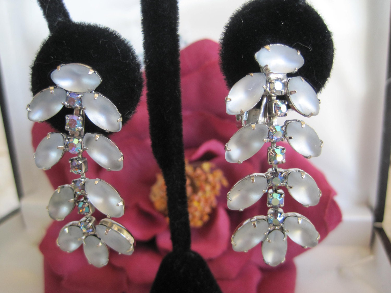 Blue Moonstone Rhinestone Dangle Vintage Earrings