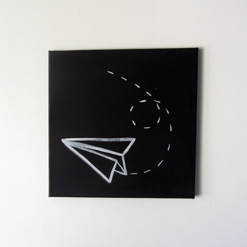 No. 0033 - Black and White Paper Plane Modern Art Nursery / Kids Painting - 12" x 12" on regular depth canvas