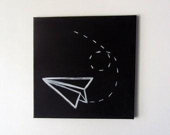 No. 0033 - Black and White Paper Plane Modern Art Nursery / Kids Painting - 12" x 12" on regular depth canvas