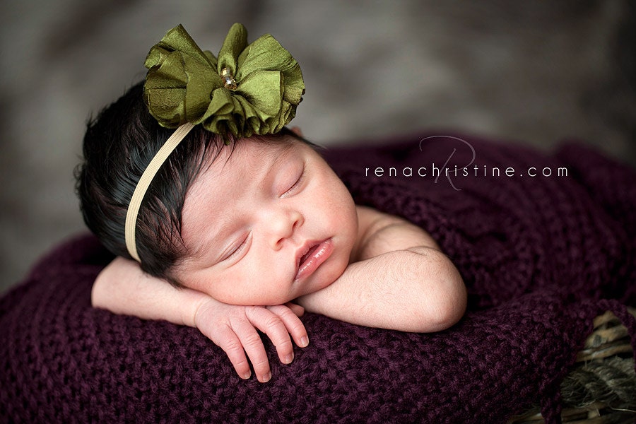 Olive Green Silk flower headband, baby headband, olive green headbands, silk headbands, newborn headband, photography prop