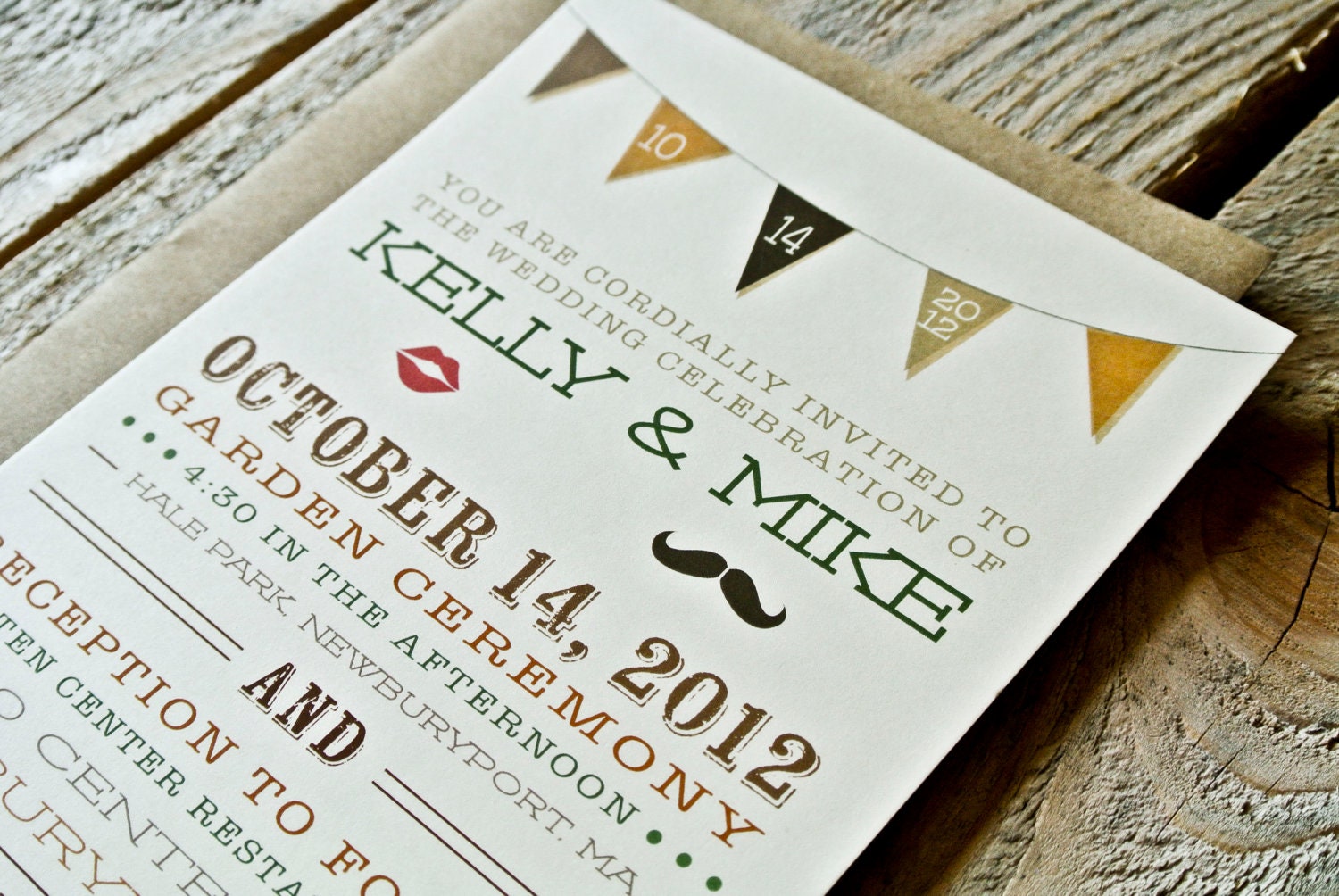 Wedding Invitation: Rustic and Retro - Flag Banner and Mustache and Kiss