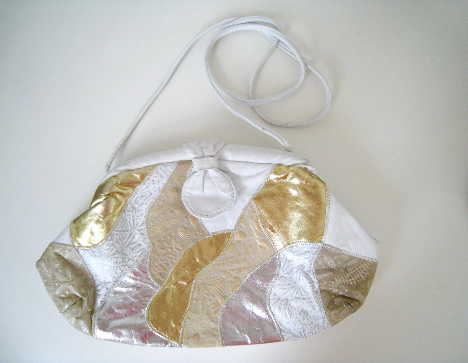 Vintage Shoulder Bag / Purse with Gold and White Leather Patchwork Design