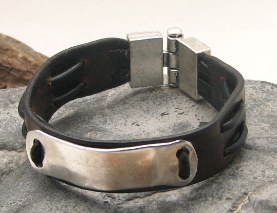 FREE SHIPPING Men's leather bracelet. Brown leather bangle bracelet with hammered metal work buckle and  silver plated clasp