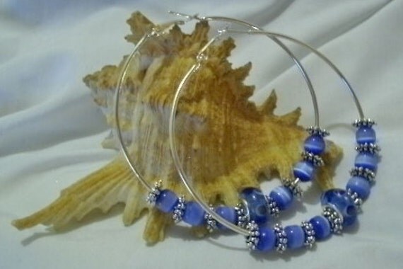 Silver Hoop Beaded Earrings - 70 mm