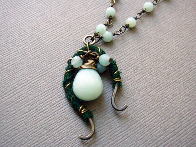 Teardrop Amazonite and Dark Green Fabric-Wrapped Pendant with Brass Oxidized Chain and Handmade Clasp