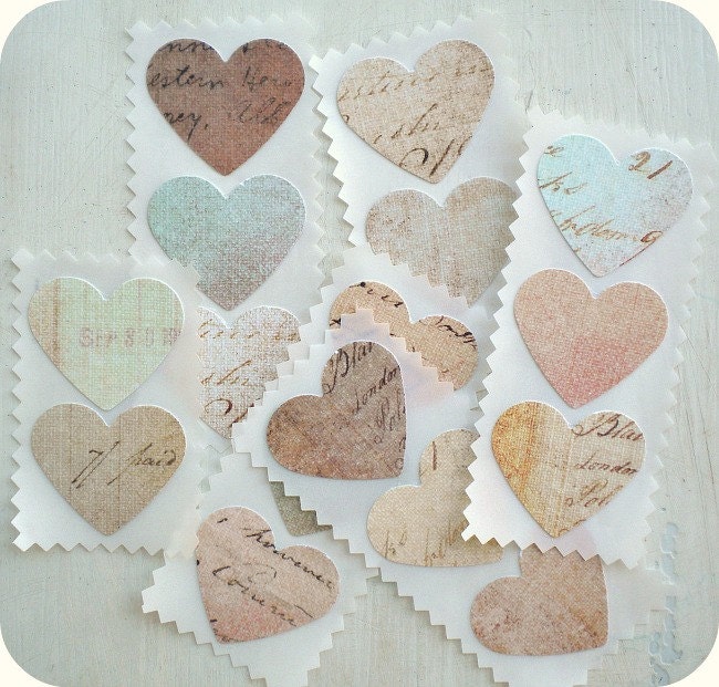 Vintage Ledger Cottage Shabby Chic 1.5 inch Heart Stickers / Envelope Seals - Set of 16 - LittlePaperFarmhouse
