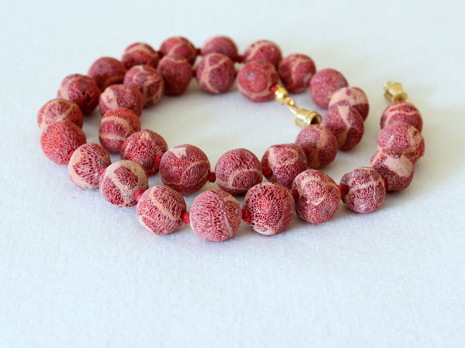 Sponge Coral Necklace. Natural Sponge Coral Beads. 10mm Red Pink Beads. Hand knotted. MapenziGems