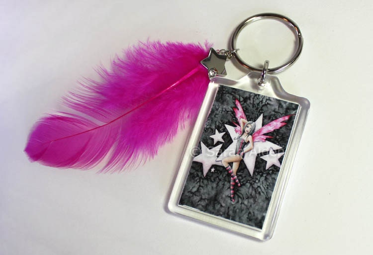 Fantasy Fairy Keychain - Art Key Ring Rock Star Black and Hot Pink Pixie by Sarah Alden