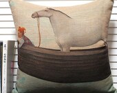 Horse Boat and Clown Vintage Court Oil Painting  Linen pillow cushion case cover  45cm x 45 cm