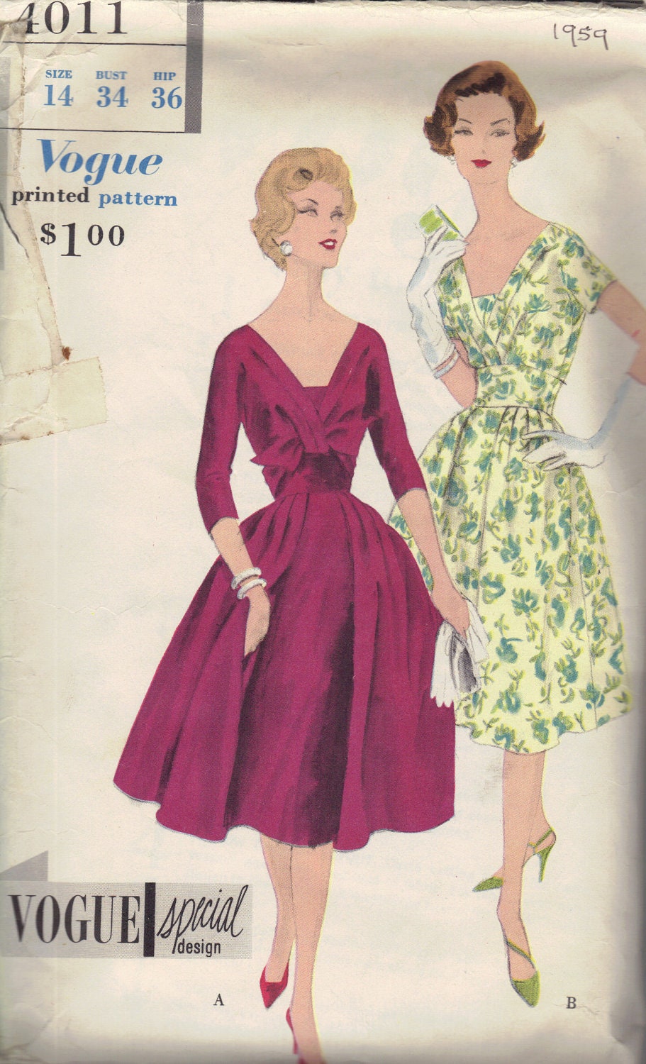 Vogue 1950s Sewing Pattern Special Design Full Skirt One Piece Dress Deep V Neck Kimono Sleeves Front Drape Circle Skirt Bust 34