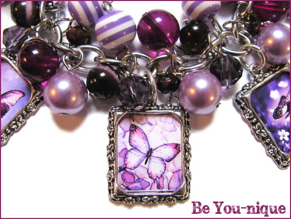 Purple Butterfly Themed Charm Bracelet Glass Beaded