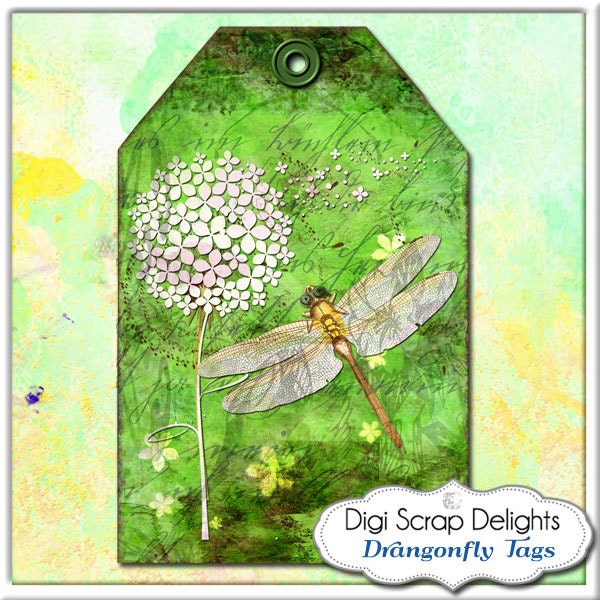 Digital Collage Sheet: Dragonflies & Dandelions  Green Tags for Jewelry Holders, Printable Backgrounds for Scrapbooking, Instand Download