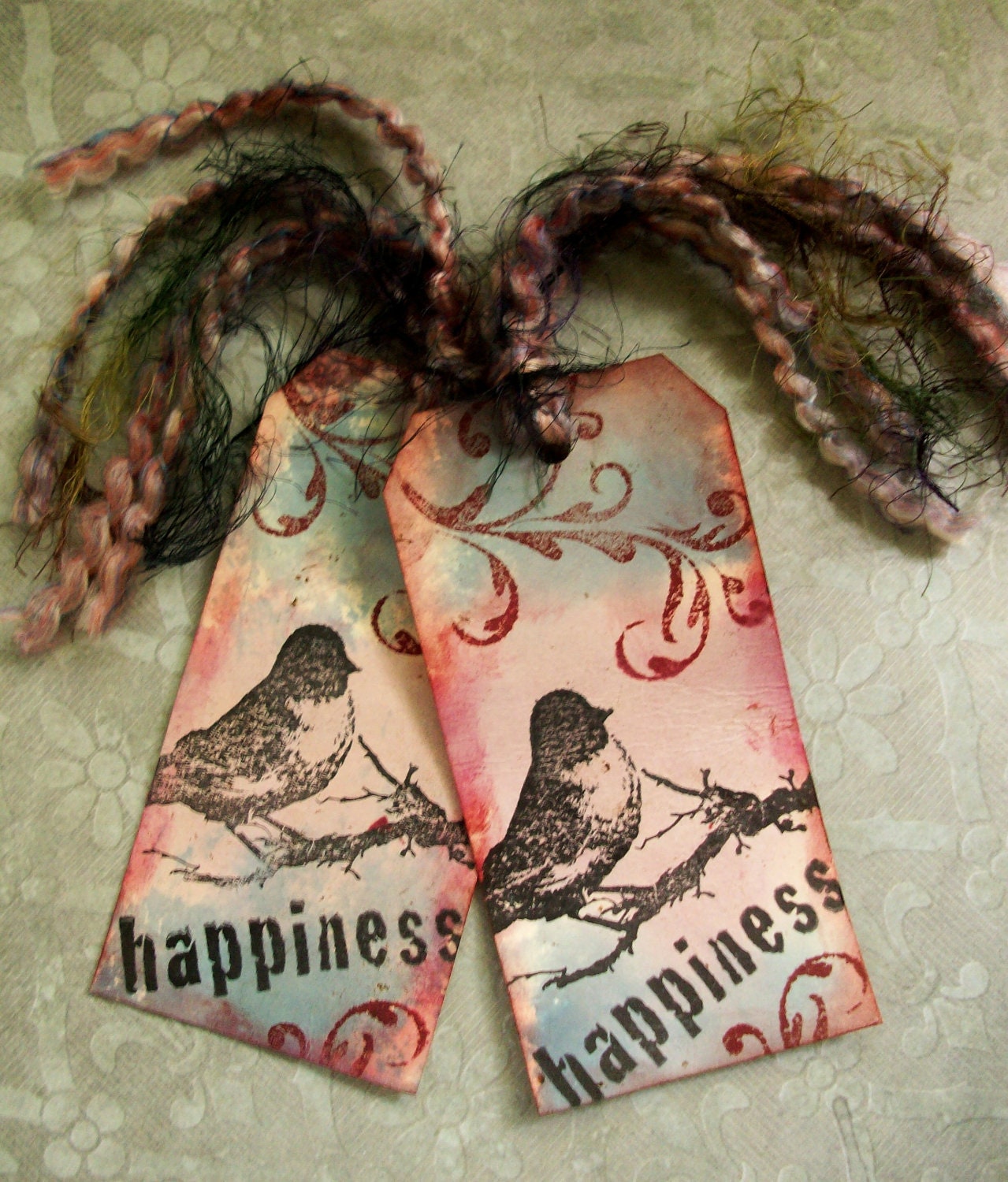 Handmade Stamped And Inked "HAPPINESS" Tags Or Bookmarks