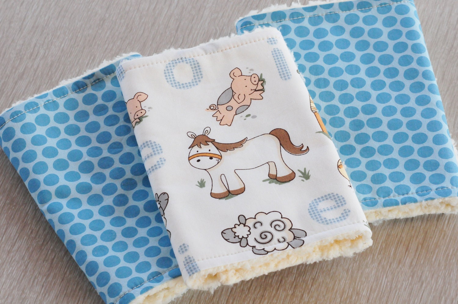 Baby Burp Cloths, Farm Animals, Set of 3, Fleece Backed