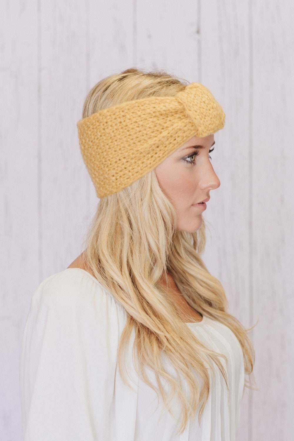 Mustard Knitted Knotted Mohair Ear Warmer Headband - Knot Just Any Ear Warmer in Mustard