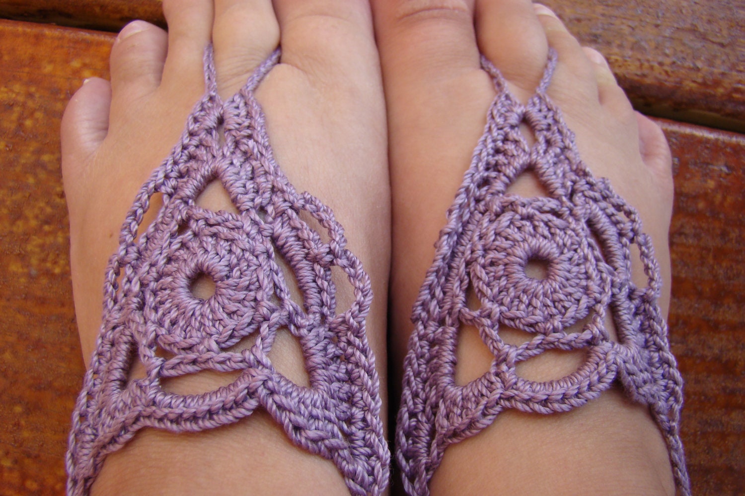 Women or girls Purple Crochet barefoot sandals with ankle ties