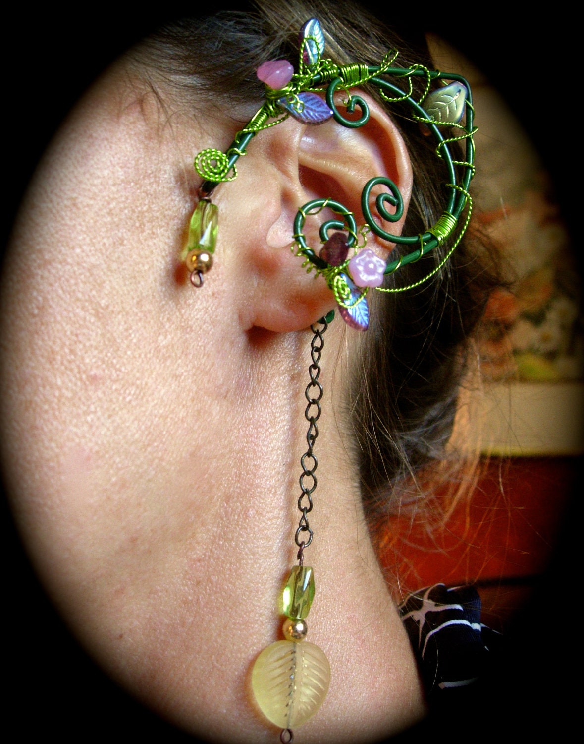 Pair of Garden Elf Ear Cuffs with Glass Flowers and Leaves, non pierced earring, Fairy, Renaissance, Elven