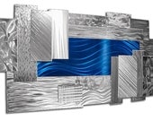 Silver and Blue Wall Sculpture 'Neutrino' - 46x22 in. - Very Unique Large Contemporary Modern Art - Metal Wall Decor