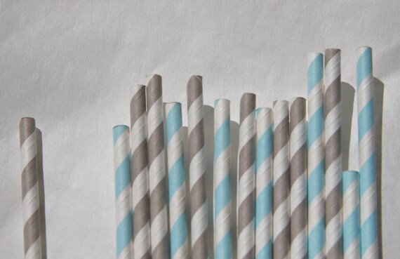 Baby Shower Paper Straws, 50 Pack, Light Blue & Grey Striped Paper Straws Il_570xn
