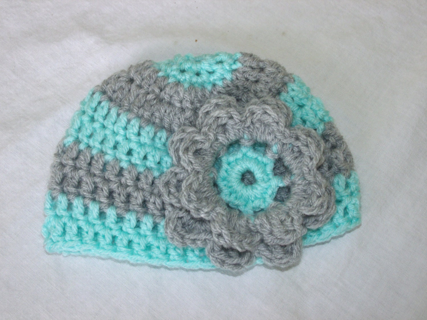 Newborn Baby Girl Striped Crochet Flower Hat Aqua and Grey