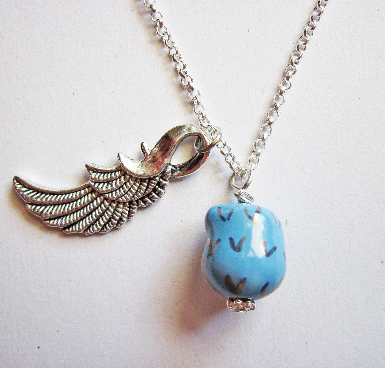 Owl Necklace Silver, Owl Pendant, Owl Jewelry, Feather Necklace, Owl Bead, Lovely Owl Necklace, handmade necklace, owl pendant, ceramic owl