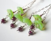 Silver Drop Earrings w/ Lime Green Glass Flowers and Garnet