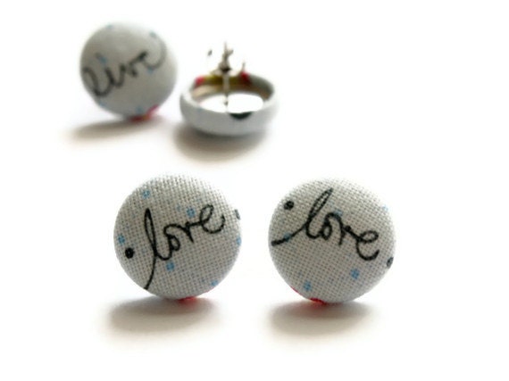 Love Words on Light Blue Fabric Covered Button Earrings