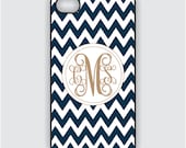 iPhone 4 Case - Navy Blue Chevron with Gold Monogram - iPhone Case, iPhone 4 Cover, Fits both iPhone 4 and iPhone 4s (iM1048)
