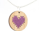 Cross Stitch Embroidered Bamboo Necklace with Purple Heart Design