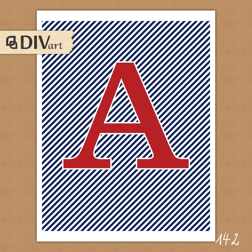 PRINTABLE 8x10" Wall Art, Home Decor, Nursery Print, Nursery  Art, Nursery Wall Decor, Child's Initial - stripes, navy blue and red - 142