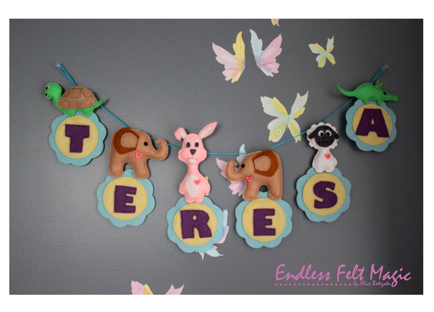 Felt Personalized Animal Name Banner - 6 Letters NAME BANNER - Christmas gift - Newborn gift - Nursery Decoration