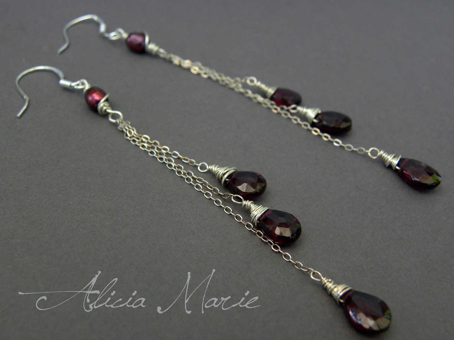 Alexandra - Garnet Briolette and Pearl Sterling Silver Dangle Earrings