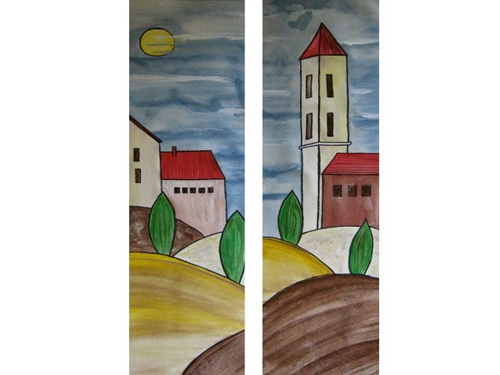 Cityscape Landscape Hillside Valley Original Diptych Folk Art Painting 12x24 Free Shipping