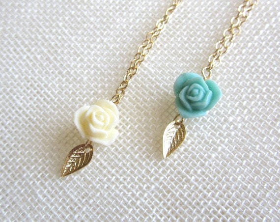 Rose Necklace with Tiny Gold Leaf, vintage inspired, sweet romantic dainty everyday wear, wedding jewelry - Yameyu