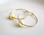 Gold Disc Hoop Earrings, tiny brushed gold disc, simple modern everyday wear, minimalist jewelry