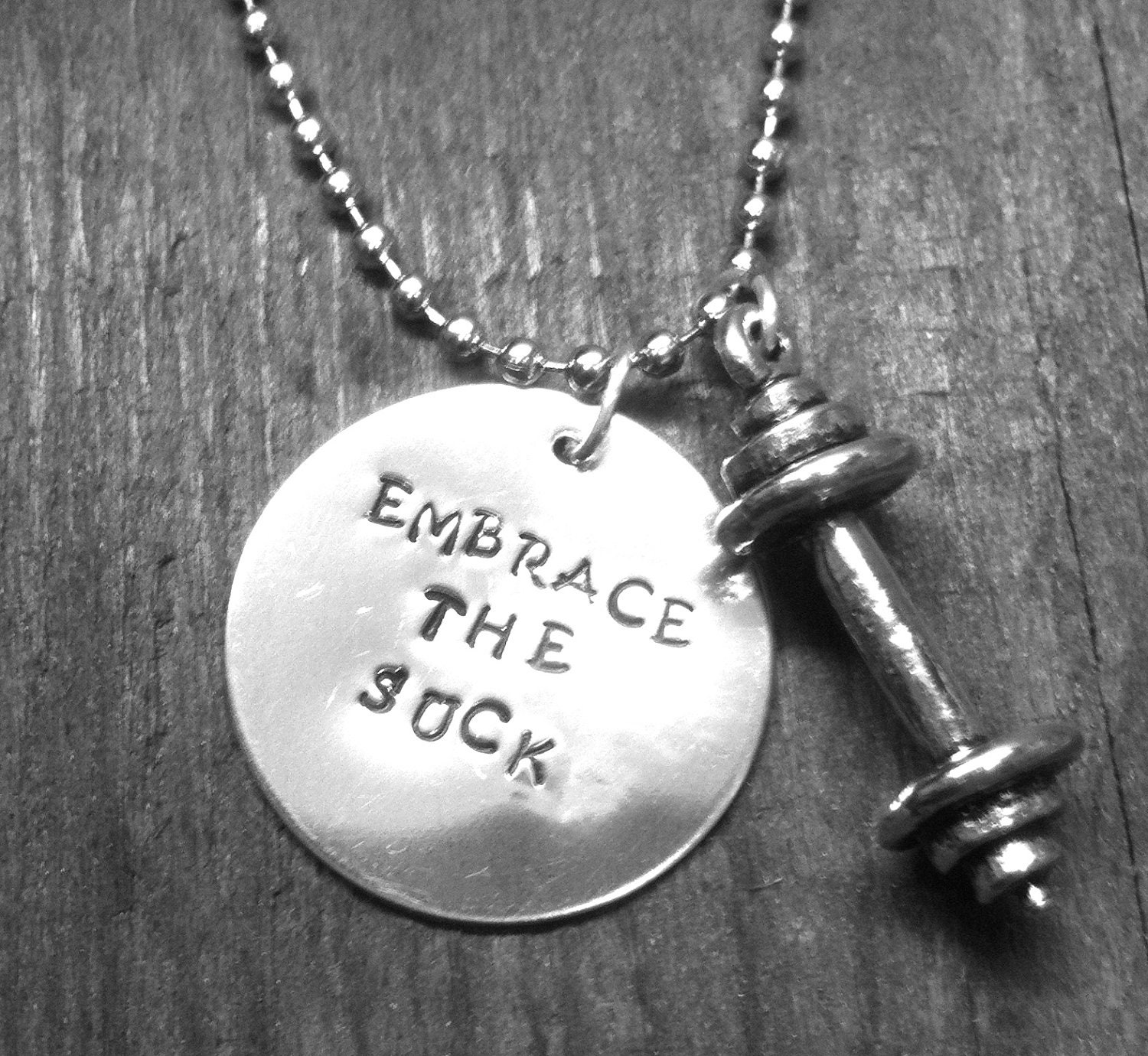 EMBRACE THE SUCK - CrossFit necklace silver with pewter barbell... Crossfit workout