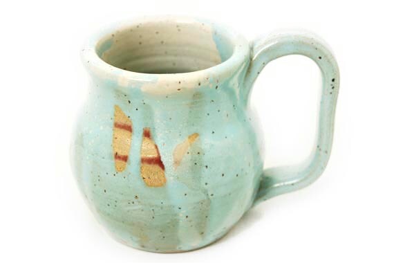 Light blue, white, raspberry, beige large stoneware mug