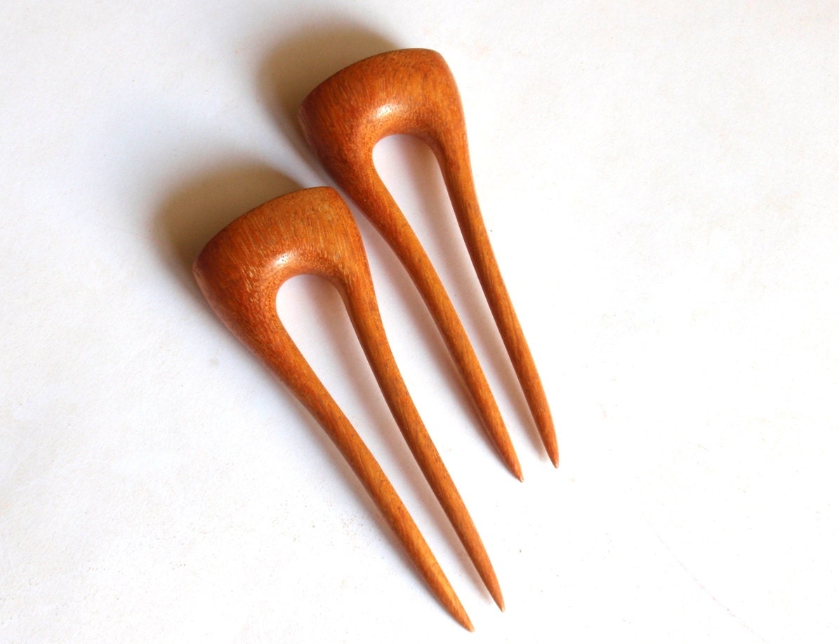 Wooden mini hair forks, 2 prong, Hair sticks, Wood, Maclura, Hairpin, Handmade