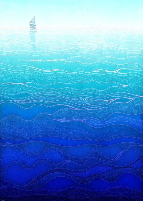 Lonely way  - Art illustration - Blue art print  - Love decor - Love, turquoise, blue, sea, water, ocean - tubidu