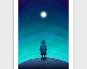 Illustration - Moonlight - Fine art illustration - Fine art print - Art Poster - wall art - wall decor - Love - blue - night - moon - stairs