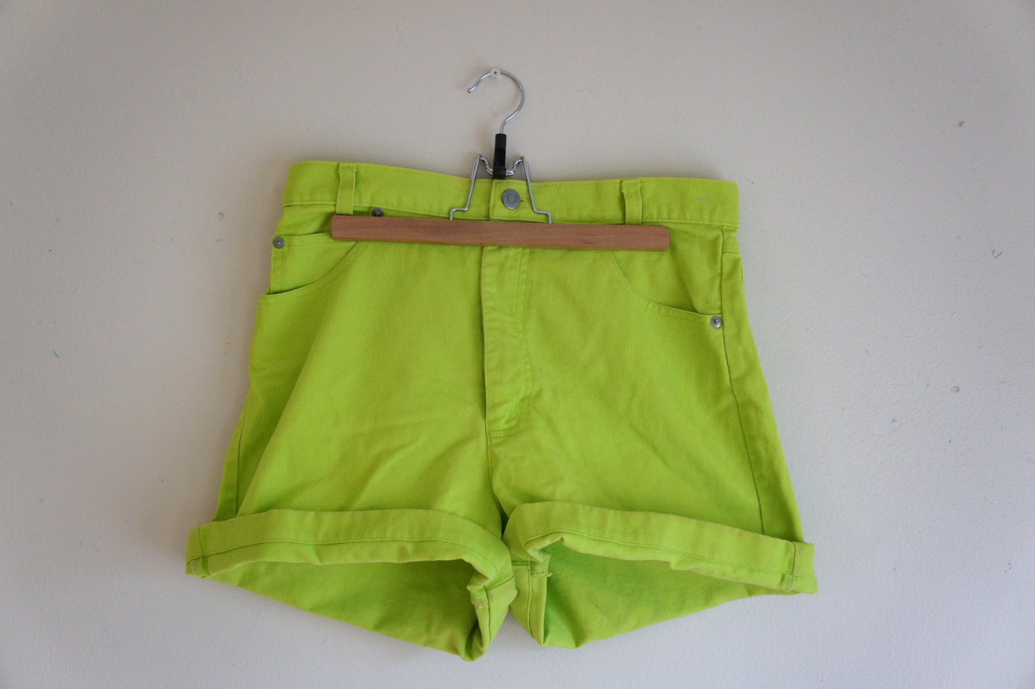 high waisted denim shorts // neon green size medium/large