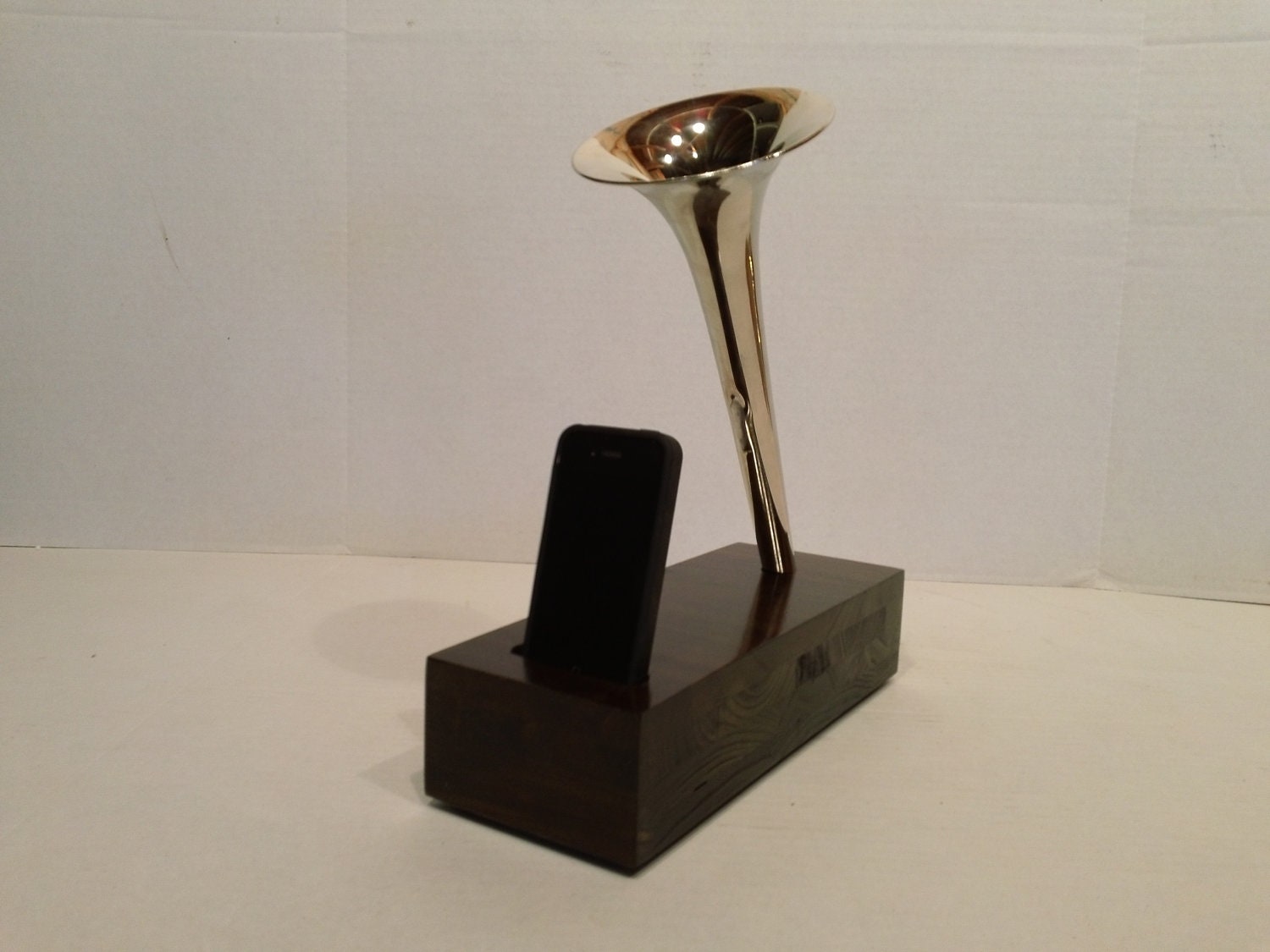 Acoustic iPhone Speaker Dock Utilizing a Salvaged SILVER Trumpet - MADE to ORDER-