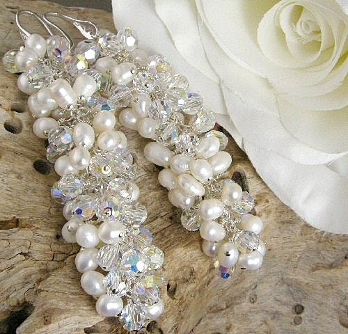 White Pearl, Clear Crystal Cluster Bridal Earrings