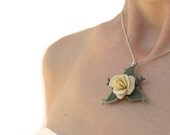 Antique lace rose pendant, ivory white cream, bridal necklace, smoky green leaf, embroidery, sterling silver chain bridal lace jewelry TAGT