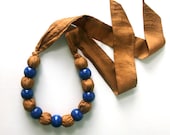 Fabric Bead Necklace - Gold Silk & Bright Blue Beads - THE MADIGAN, Nautical Preppy Fashion, Statement Necklace, Gift Under 25 for her