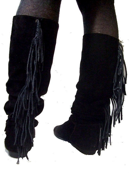 eighties fringe boots black suede  terrific
